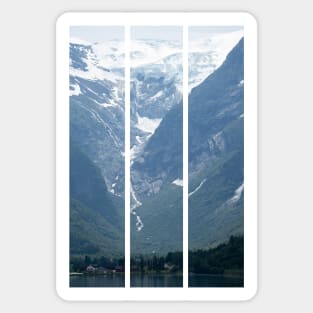 Wonderful landscapes in Norway. Vestland. Beautiful scenery of Briksdalsbreen glacier in Briksdalbre. Oldevatnet lake. Mountains, rocks and snow. Cloudy day(vertical) Sticker